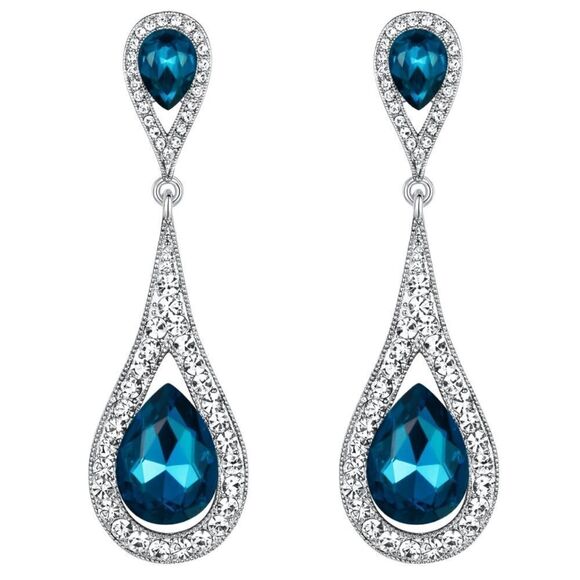Silver with Sea Blue and White Diamond Austrian Crystal Dual Teardrop Earrings